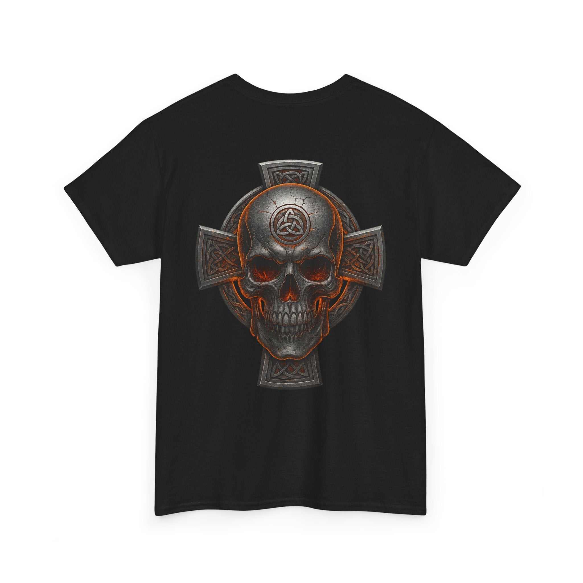 Black Skull Crossback Tee with Gothic skull and Celtic cross graphic on back in metallic tones