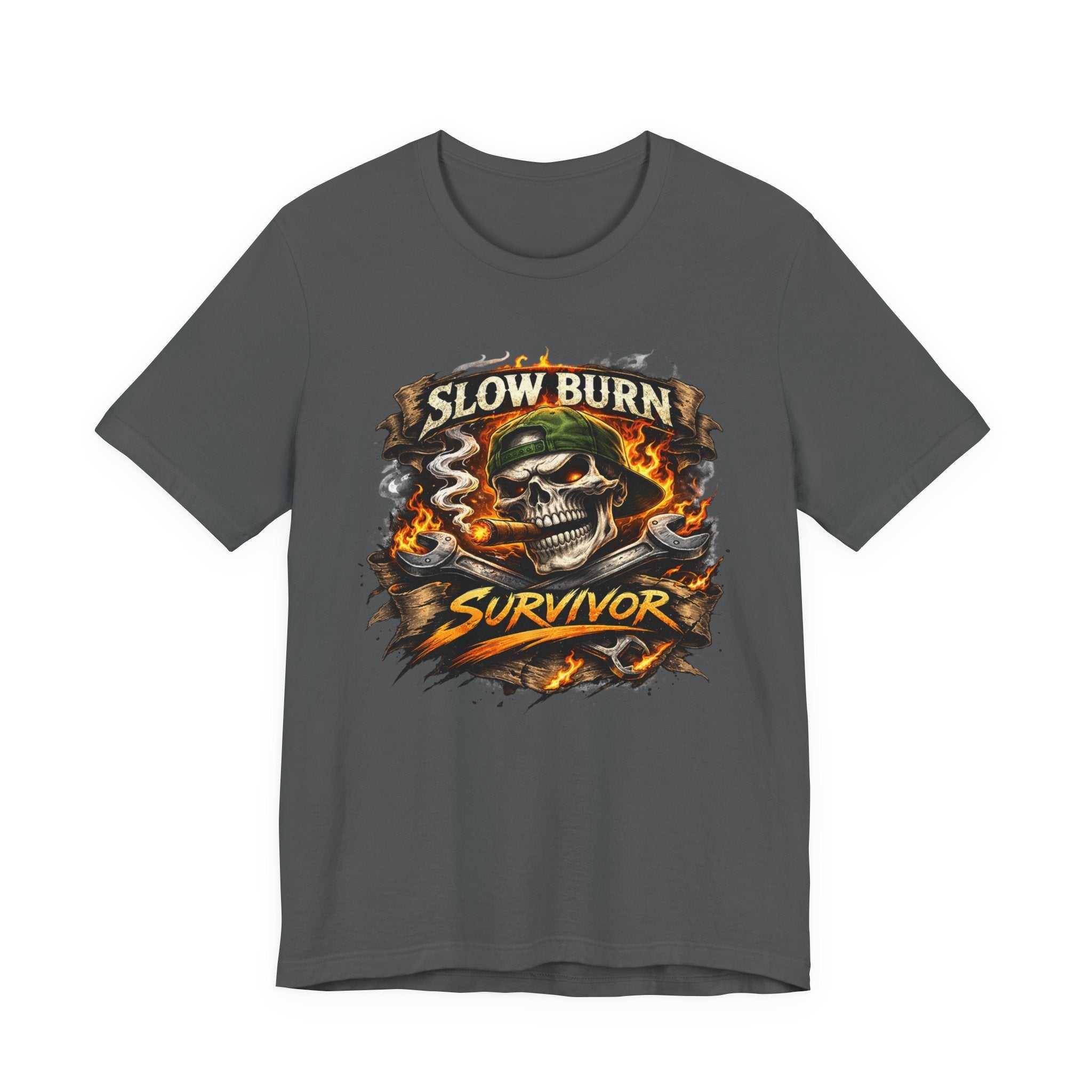 Slow Burn Survivor T‑Shirt — Skull Flame Vintage Motorcycle Tee