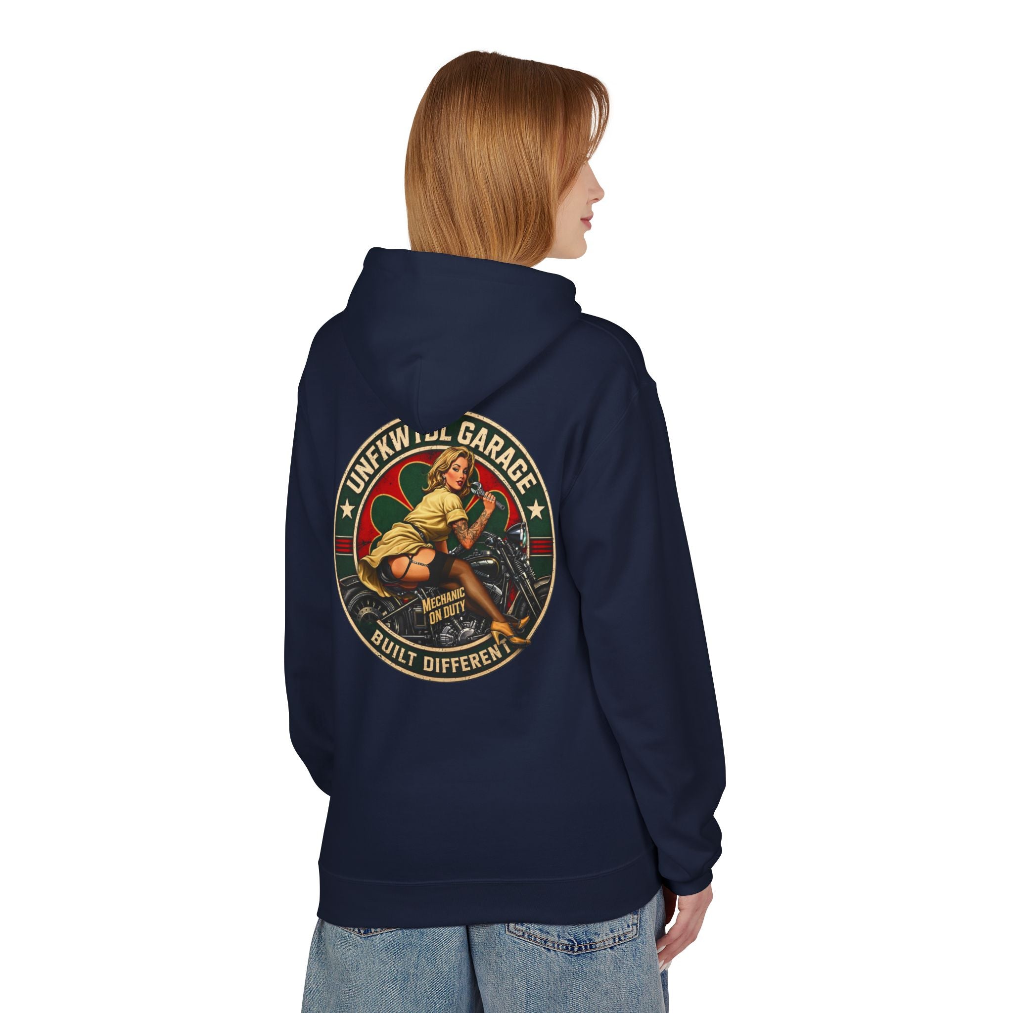 Vintage Pin-Up Motorcycle Hoodie — "Built Different" Garage Logo