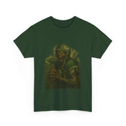 Dark green unisex tee featuring a zombie football player graphic, made of 100% US cotton, perfect for casual and themed wear.
