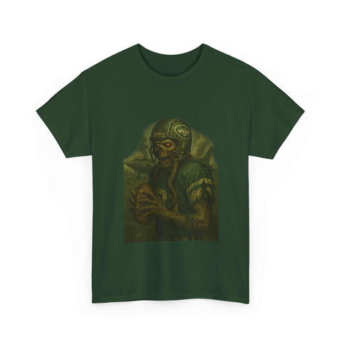 Dark green unisex tee featuring a zombie football player graphic, made of 100% US cotton, perfect for casual and themed wear.