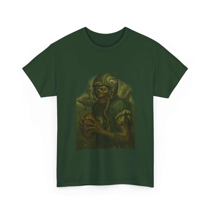 Dark green unisex tee featuring a zombie football player graphic, made of 100% US cotton, perfect for casual and themed wear.