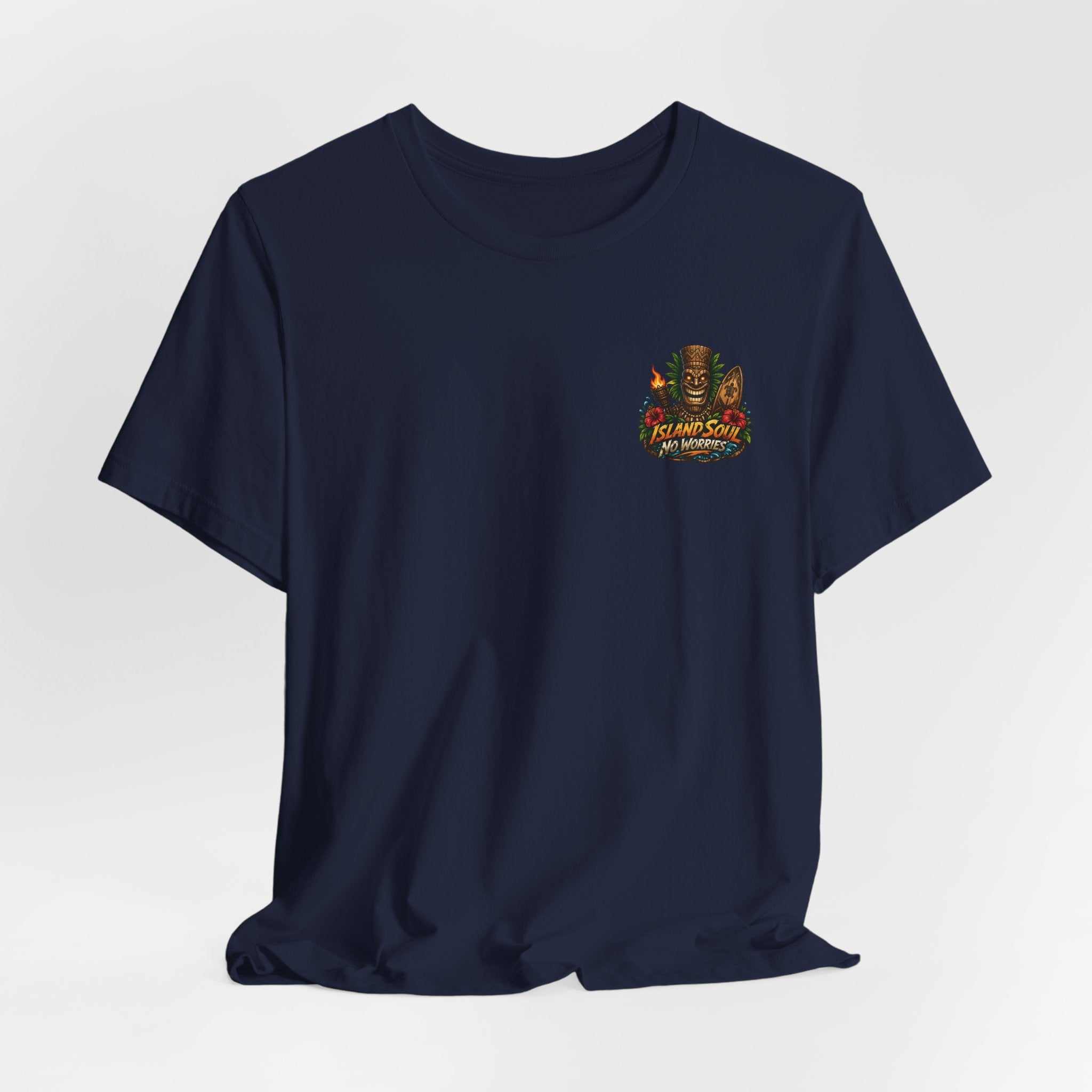 Tropical Tiki Tee with tiki, hibiscus flowers, and waves design on back, soft breathable cotton island shirt