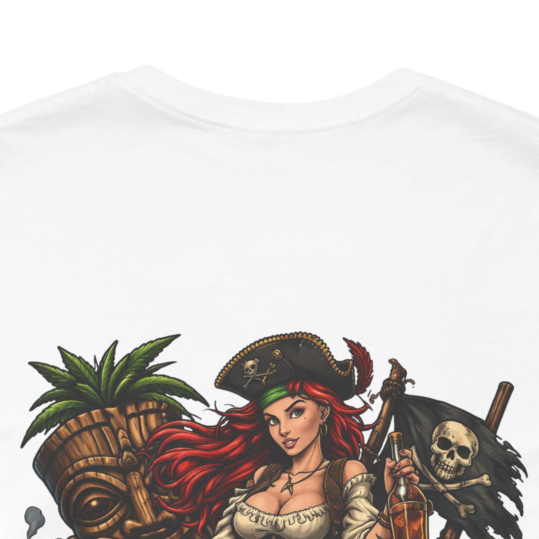 Rum Runs Deep pirate pinup T-shirt with vintage tropical design and vibrant back print