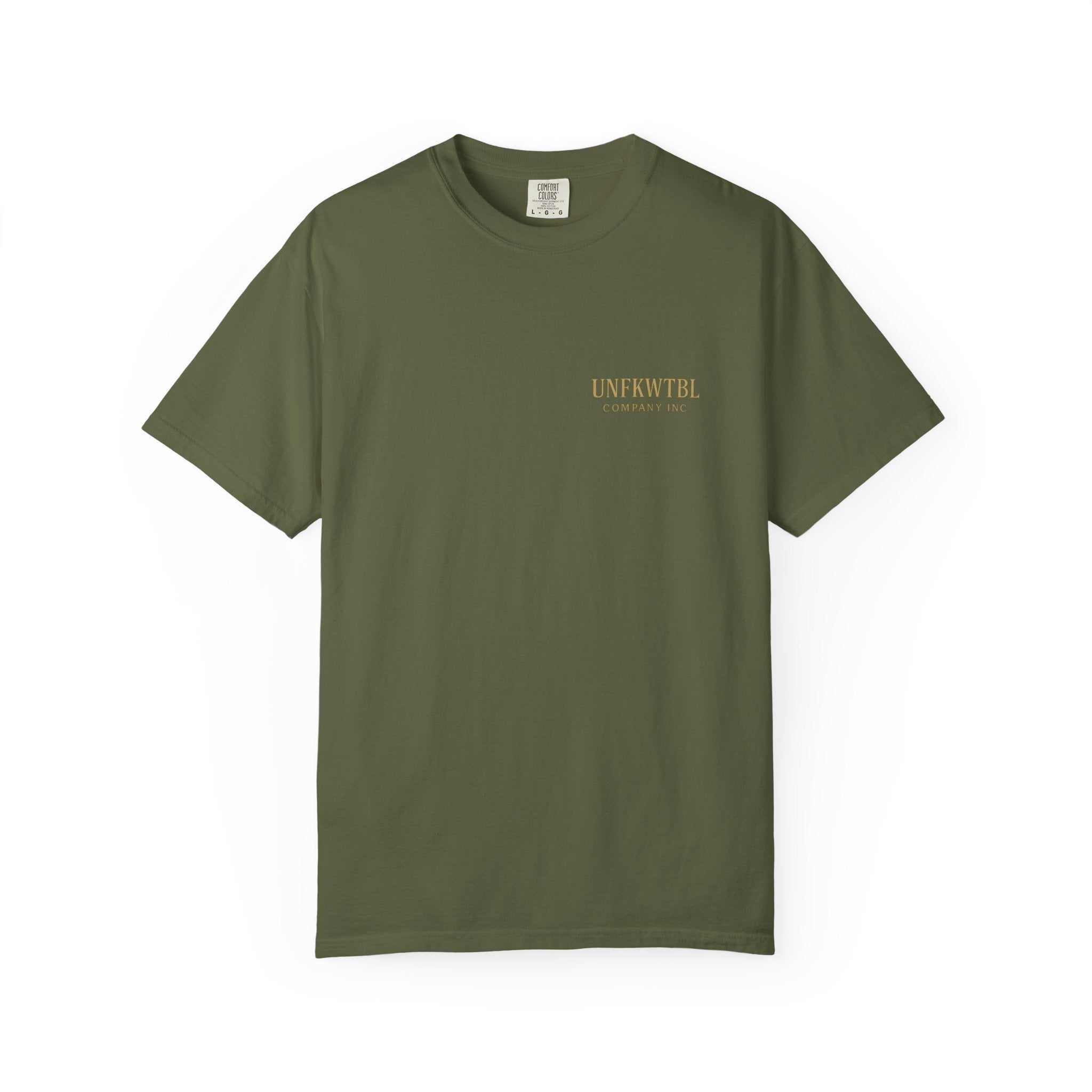 Warden of the Dead unisex olive green casual streetwear t-shirt with small front graphic, made from 100% ring-spun cotton, available in sizes S to 4XL