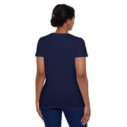 Back view of a woman wearing a navy blue women's organic cotton t-shirt designed for comfort and sustainable fashion