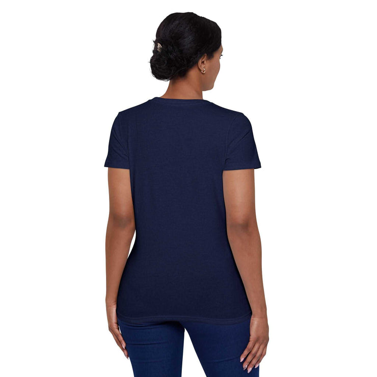 Back view of a woman wearing a navy blue women&