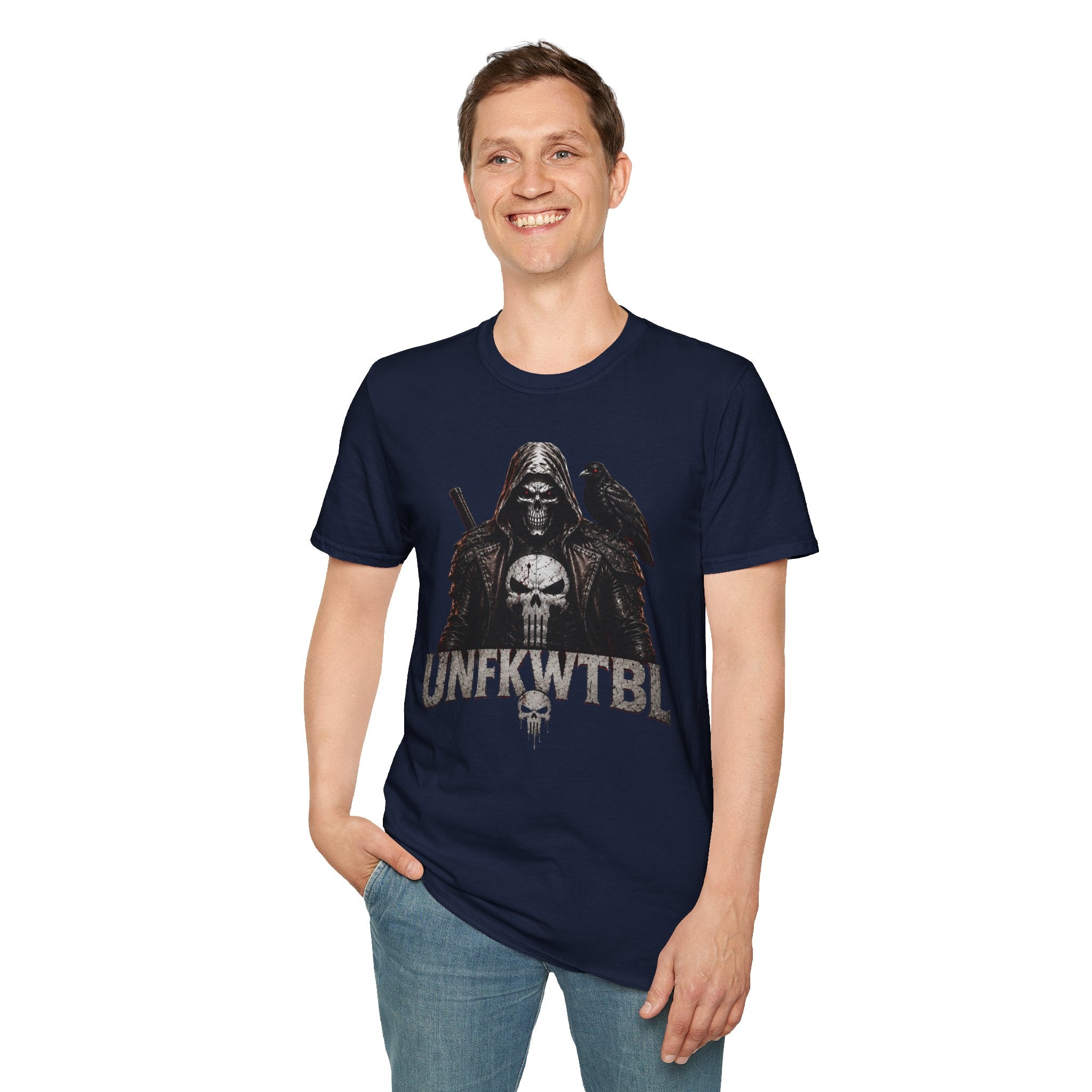Grim Reaper Skull Tee — Dark Raven Gothic Graphic T-Shirt (UNFKWTBL Text)