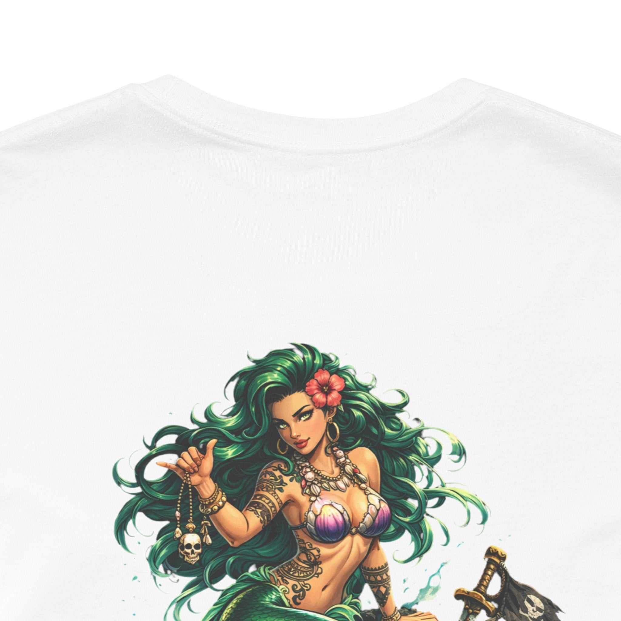 Vintage green Mermaid Skull Art Tee featuring detailed mermaid with skull graphic on soft cotton shirt