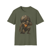 Olive green unisex softstyle t-shirt featuring a bold graphic of Atlas carrying a cracked earth globe with glowing fiery cracks.