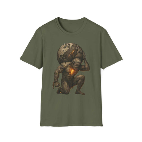 Olive green unisex softstyle t-shirt featuring a bold graphic of Atlas carrying a cracked earth globe with glowing fiery cracks.