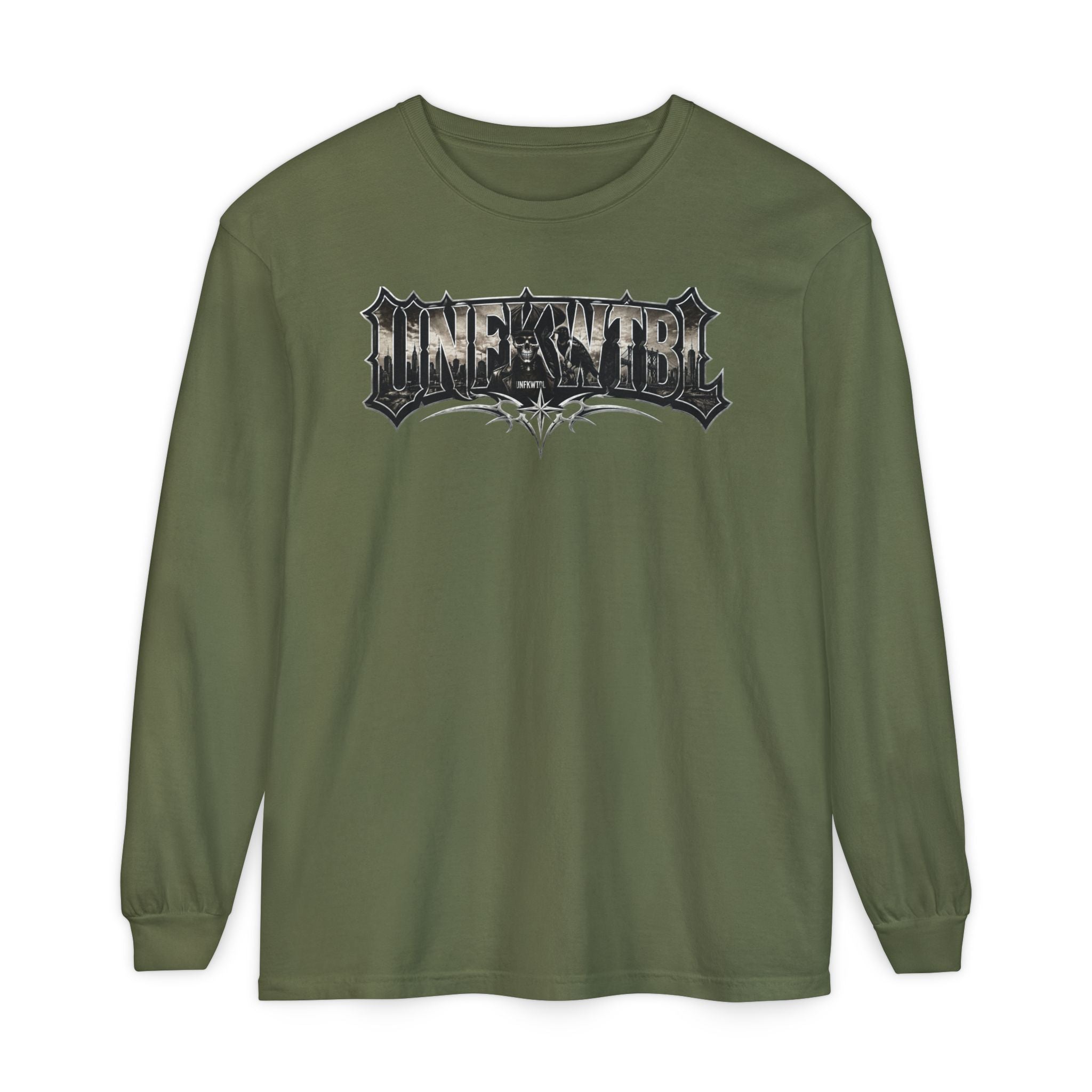 Metal Logo Long Sleeve T‑Shirt — 'UNDEFEATED' Gothic Graphic