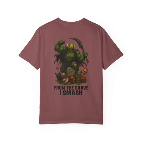 Grim Reaper Hulk graphic tee with edgy "From the grave I smash" design on garment-dyed cotton shirt
