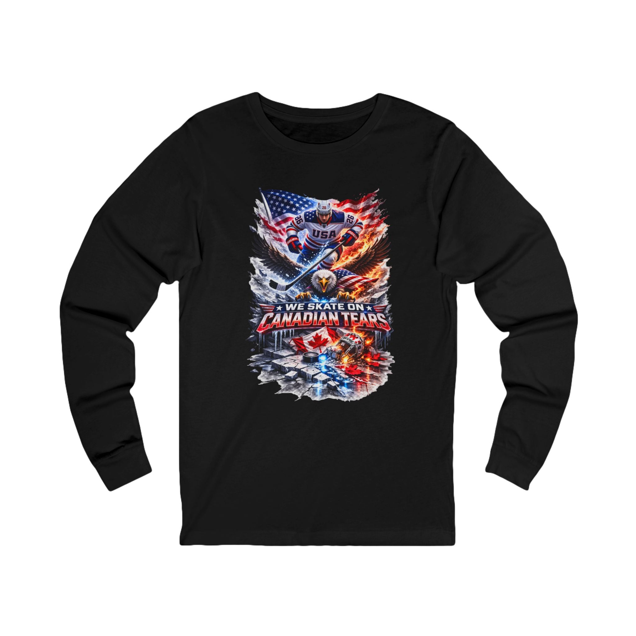 Hockey Player USA Flag Long Sleeve Tee – “We Skate On Canadian Tears” Patriotic Hockey Shirt