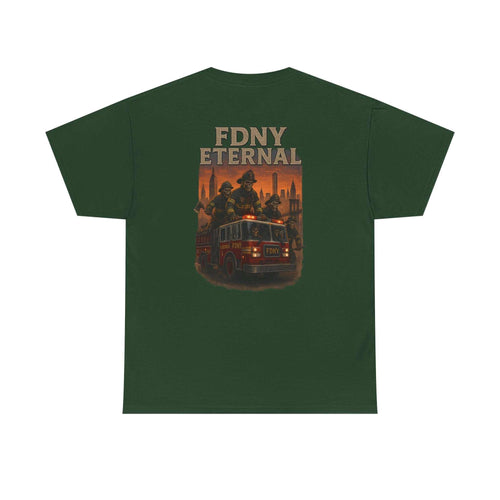 Green unisex T-Shirt FDNY Eternal tribute with fire truck and firefighter design