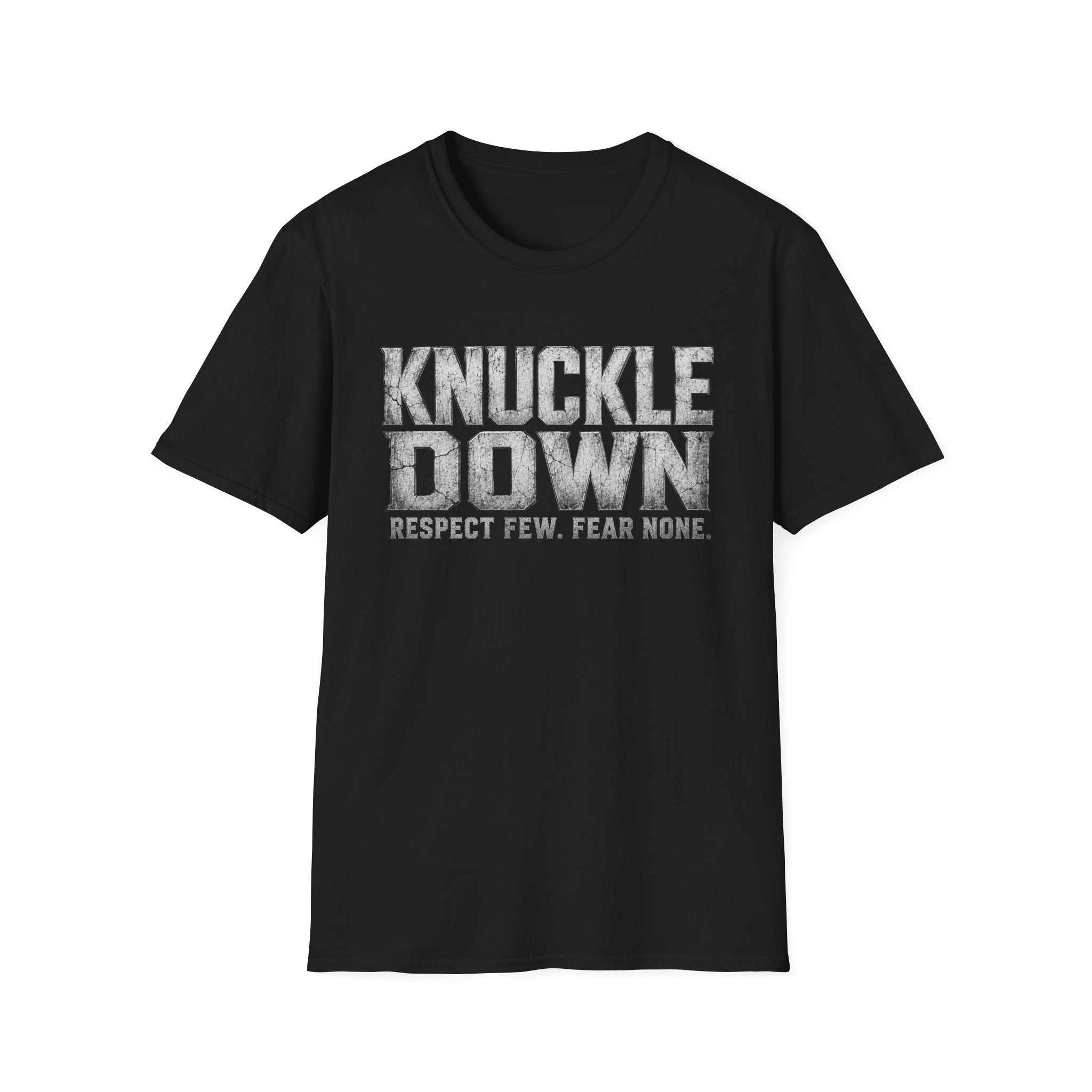 Black Knuckle Down Graphic T-Shirt with distressed "Respect Few. Fear None." print on soft, lightweight cotton