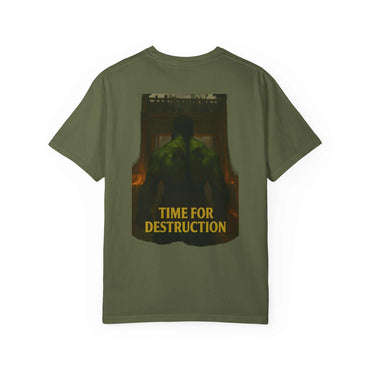 Olive green casual unisex t-shirt with "Time for Destruction" graphic and vintage vibe design