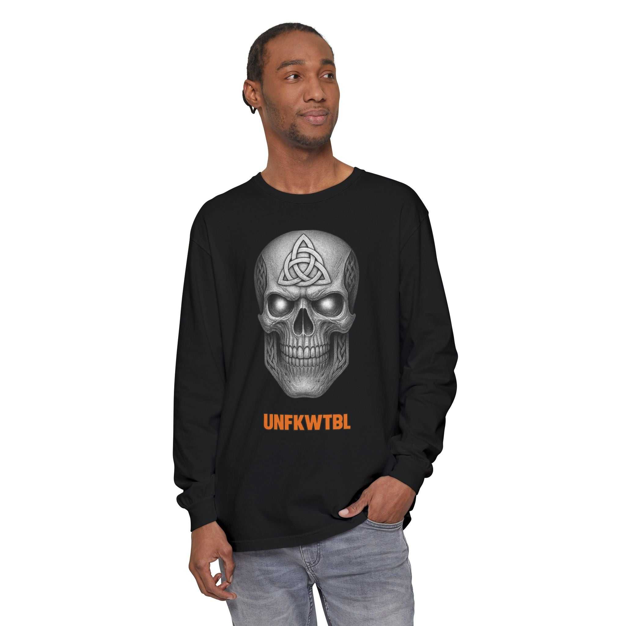 Long sleeve T-shirt with UNFKWTBL COMPANY INC skull logo, garment-dyed cotton, durable hems and ribbed cuffs.