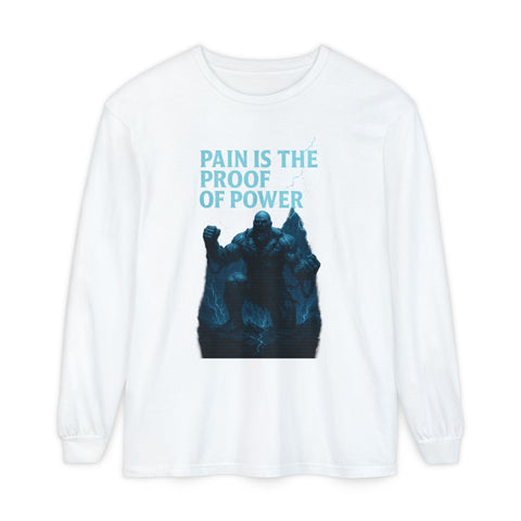 Unisex Long Sleeve T-Shirt, Pain is the Proof of Power Tee for Gym, Fitness, Motivational Quote, Gift for Him or Her, Casual Wear