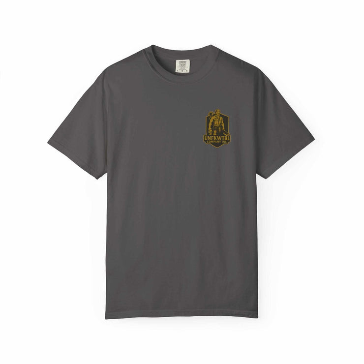Eternal Stormbearer T-Shirt unisex charcoal garment-dyed cotton tee with yellow chest logo, casual and durable design for outdoor and everyday wear
