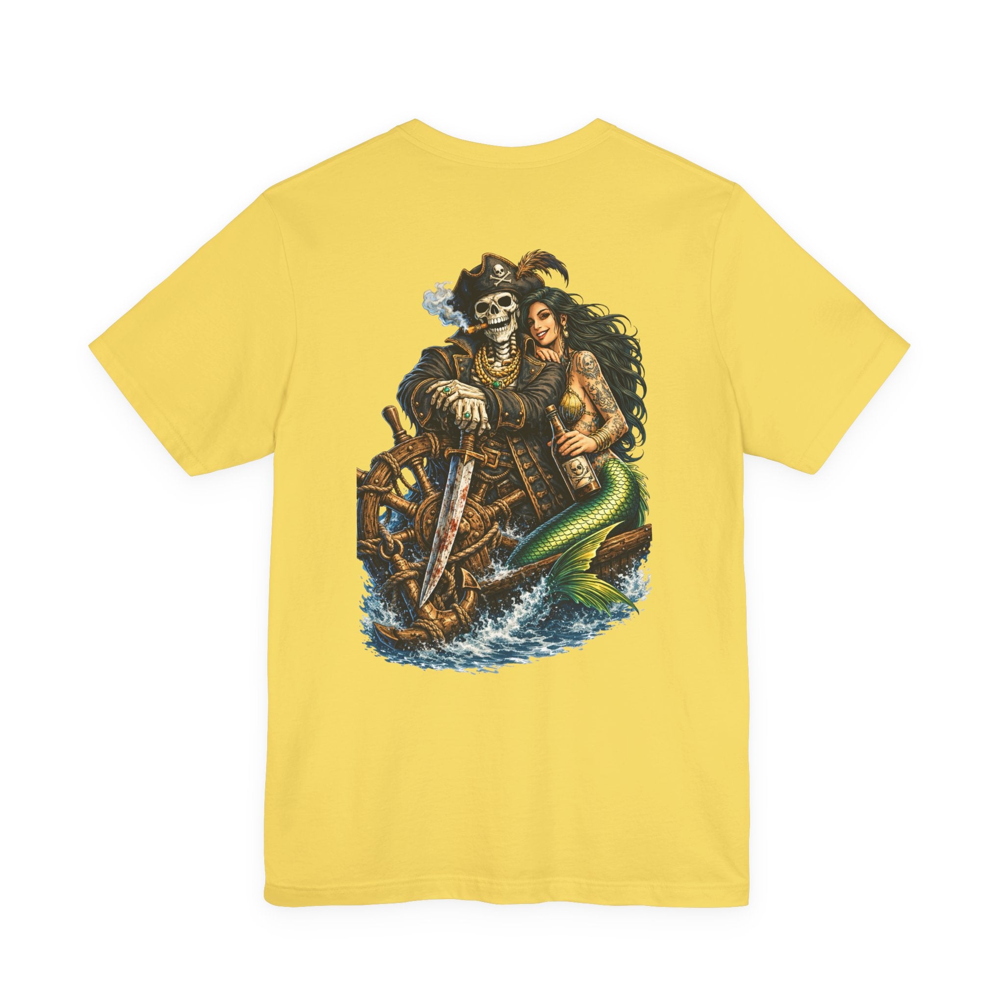Pirate Skeleton & Mermaid Graphic Tee — Nautical Skull Crew Neck Shirt