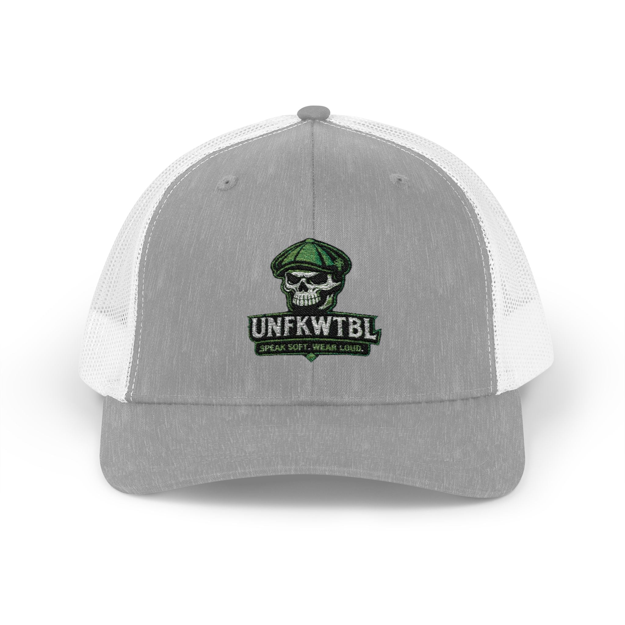Snapback Trucker Cap — Green Camo Skull "UNFWTB1L" Embroidered Military Patch