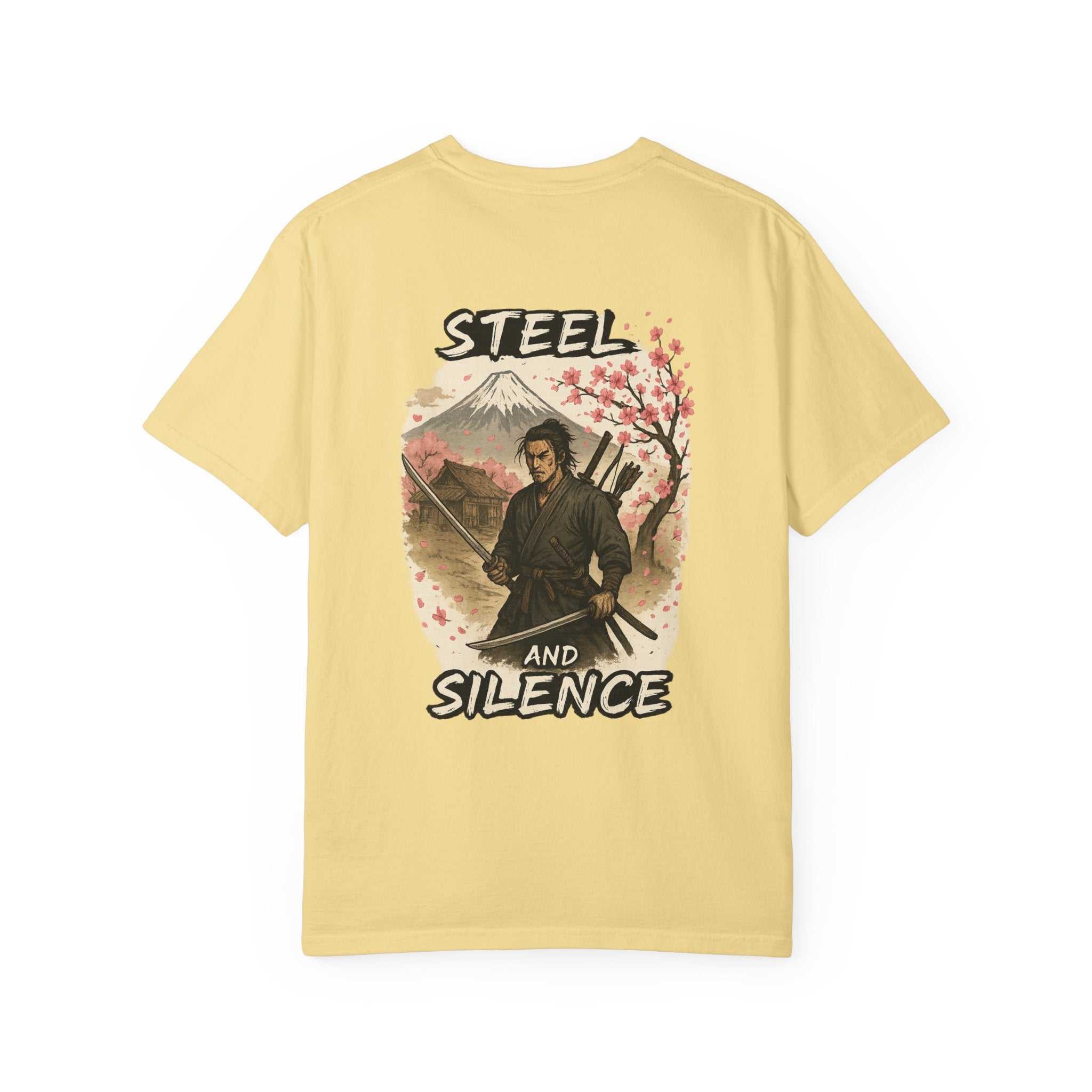 Yellow Steel and Silence T-shirt with samurai graphic and cherry blossoms on back