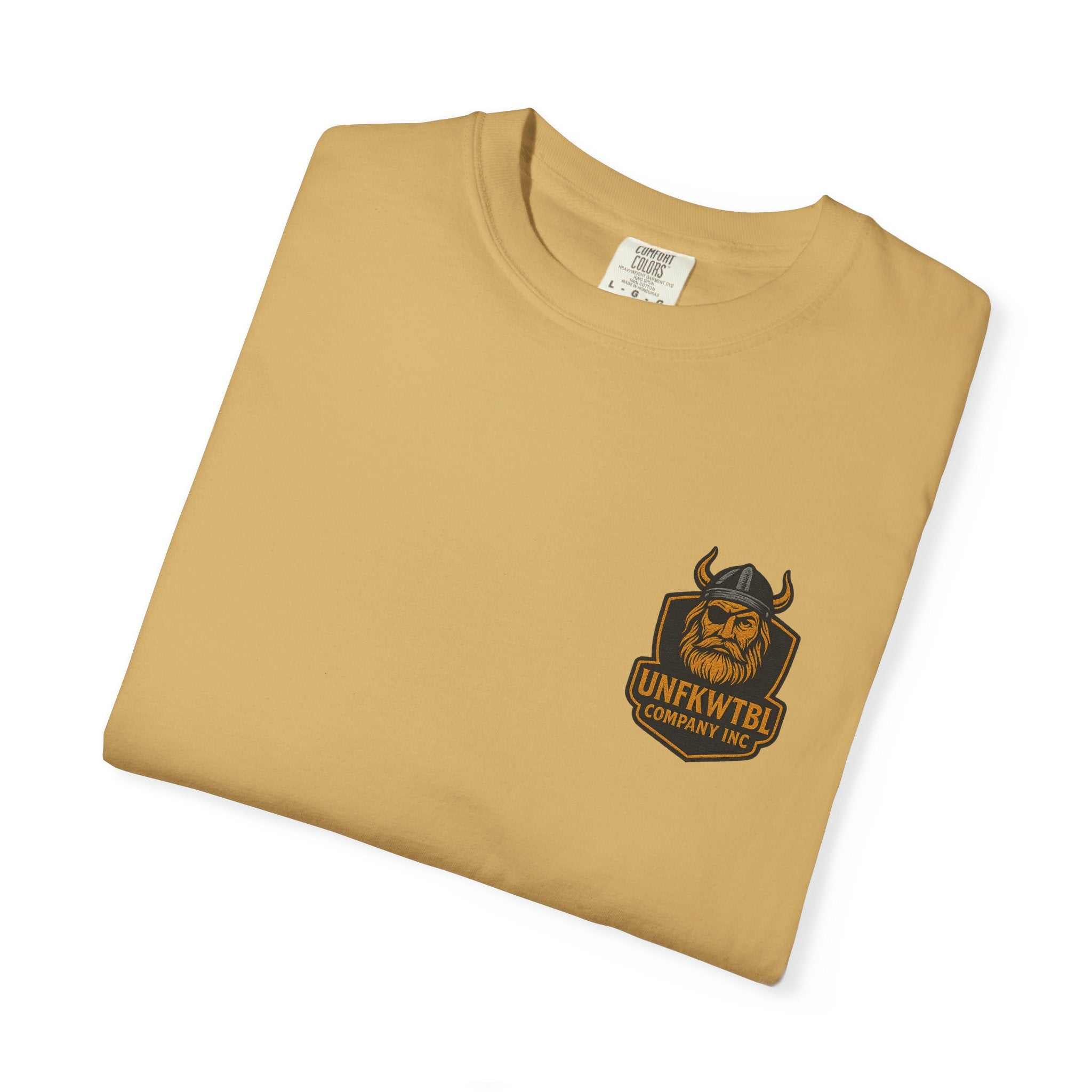 beige Tropical Humor T-Shirt with Viking logo, unisex casual garment-dyed cotton tee for summer and beachwear
