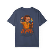 Navy blue unisex T-shirt featuring Chucky holding a flaming cocktail with text "The Little Bastard" on the back.