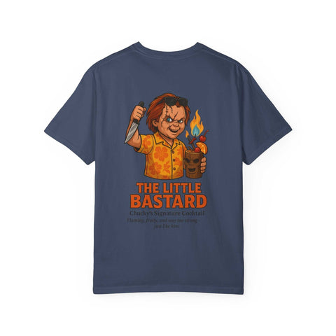 Navy blue unisex T-shirt featuring Chucky holding a flaming cocktail with text "The Little Bastard" on the back.