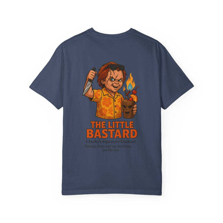 Navy blue unisex T-shirt featuring Chucky holding a flaming cocktail with text "The Little Bastard" on the back.