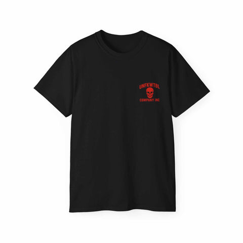 Black unisex T-shirt with red Pennywise clown logo and text on chest, classic fit cotton tee