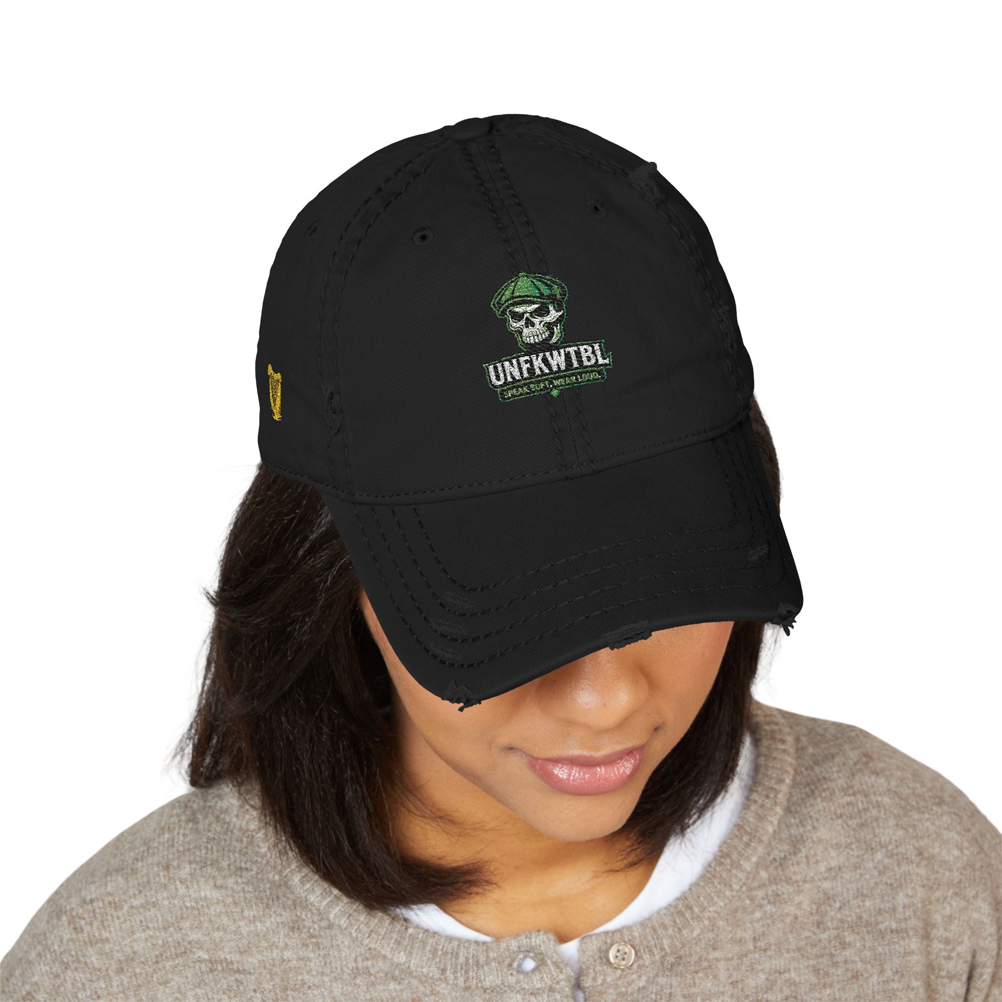 Distressed Embroidered Dad Hat — Green Skull & Shamrock "UNFRWTBL"