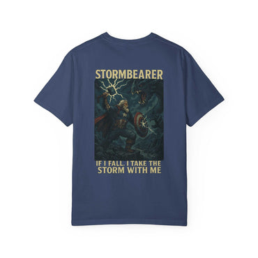 Epic Stormbearer unisex navy t-shirt with fantasy graphic and caption for gamers and comic fans