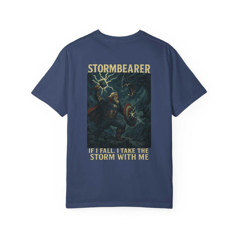 Epic Stormbearer unisex navy t-shirt with fantasy graphic and caption for gamers and comic fans