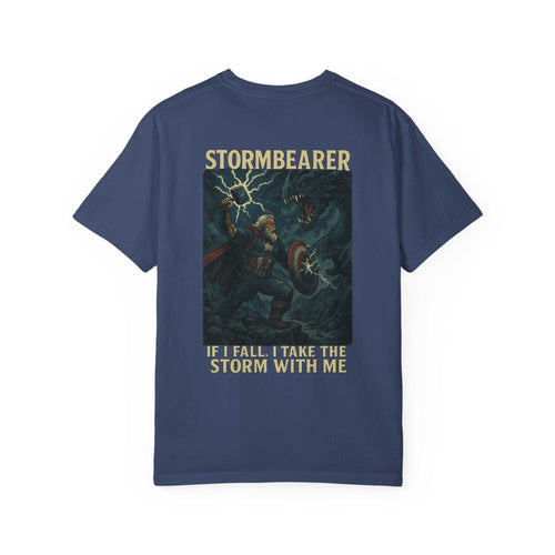 Epic Stormbearer unisex navy t-shirt with fantasy graphic and caption for gamers and comic fans