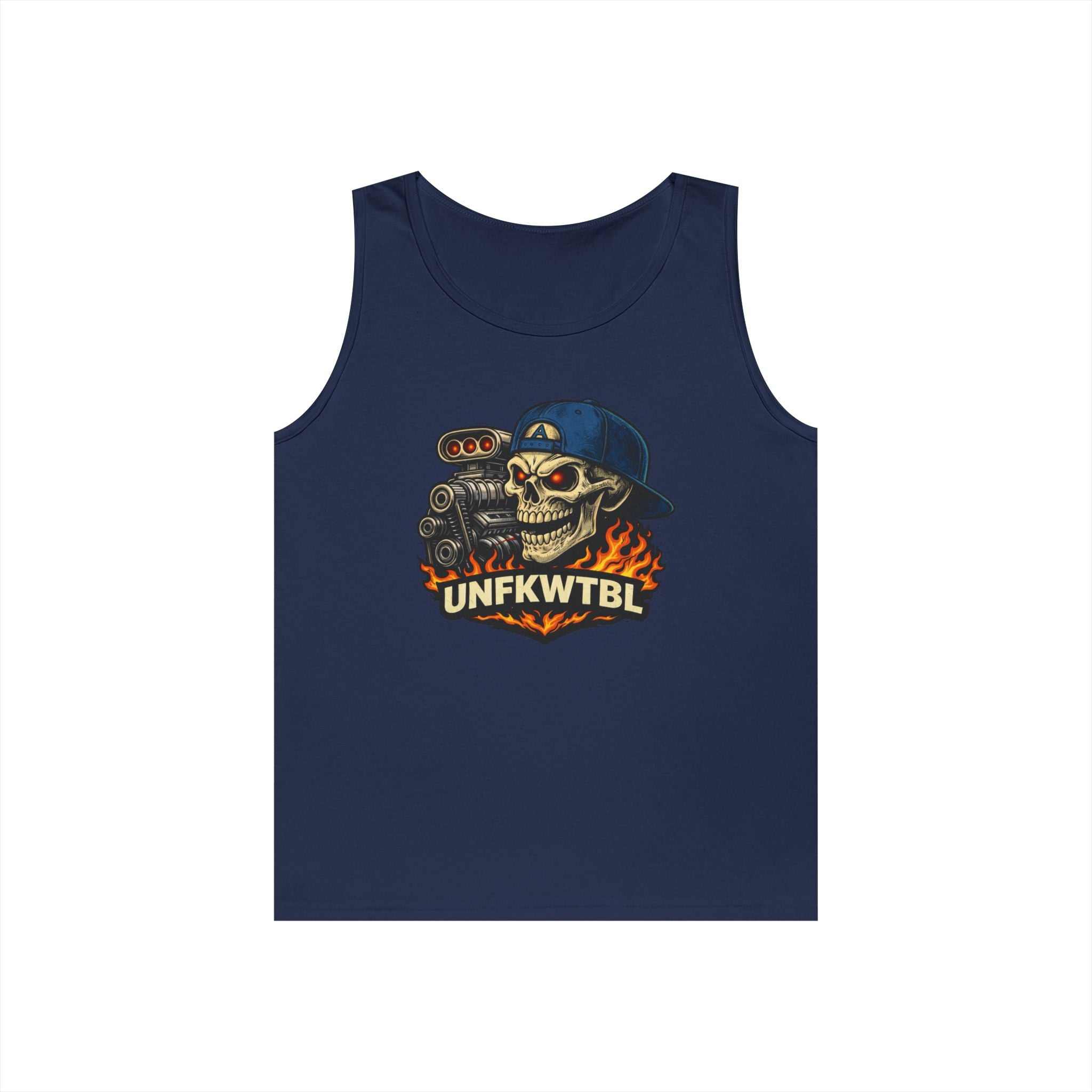 Skull Mechanic Tank Top with vintage hot rod skull and flames graphic on lightweight cotton fabric
