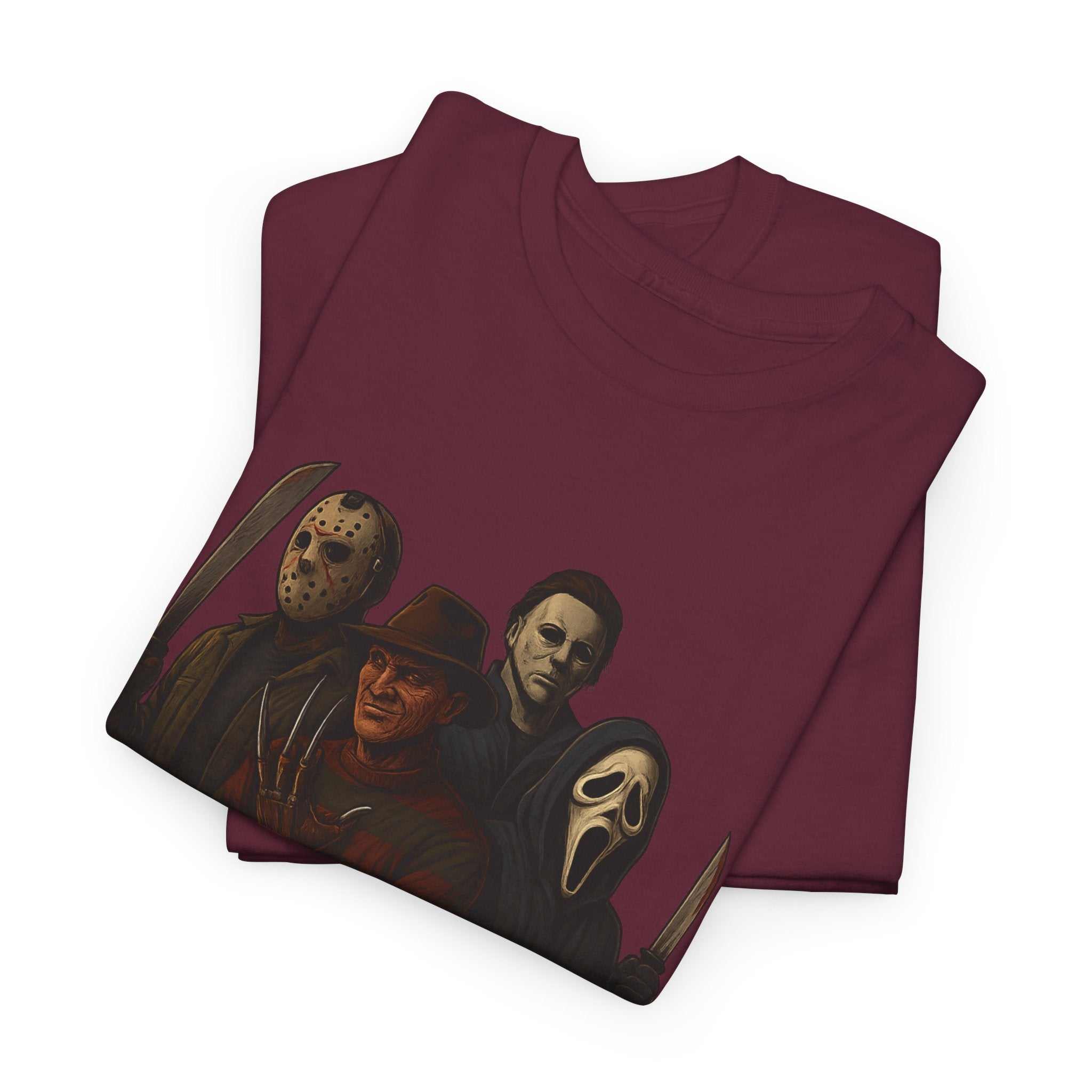 Horror Villains Tee featuring Michael, Freddy, Jason, and Ghostface faces on unisex black t-shirt