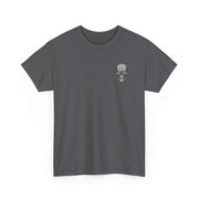 Atlas Strong Unisex Tee dark gray with small skull graphic on chest, inspirational strength design, classic fit shirt