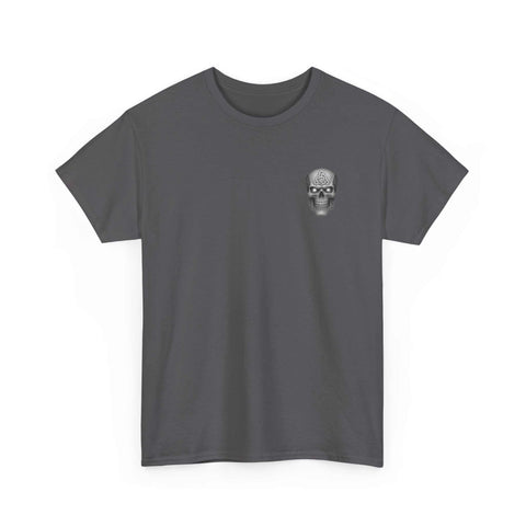 Atlas Strong Unisex Tee dark gray with small skull graphic on chest, inspirational strength design, classic fit shirt