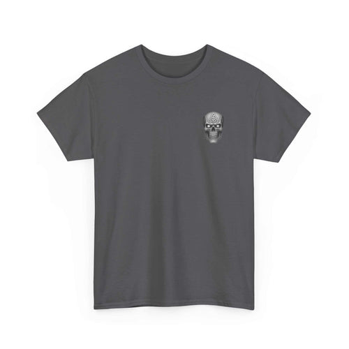 Atlas Strong Unisex Tee dark gray with small skull graphic on chest, inspirational strength design, classic fit shirt