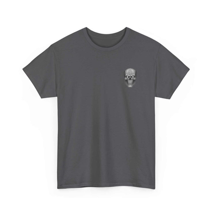 Atlas Strong Unisex Tee dark gray with small skull graphic on chest, inspirational strength design, classic fit shirt