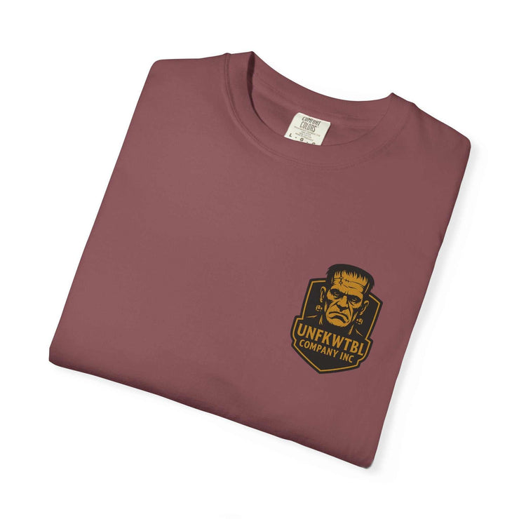 Folded vintage Frankenstein T-shirt in maroon with graphic print on chest