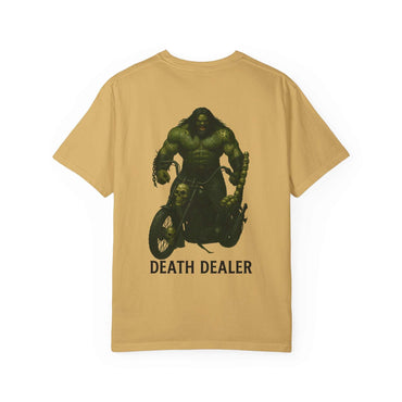Death Dealer graphic on tan unisex garment-dyed t-shirt with chopper motorcycle design