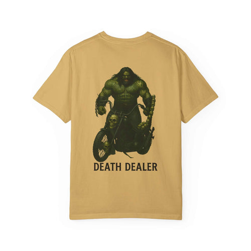Death Dealer graphic on tan unisex garment-dyed t-shirt with chopper motorcycle design
