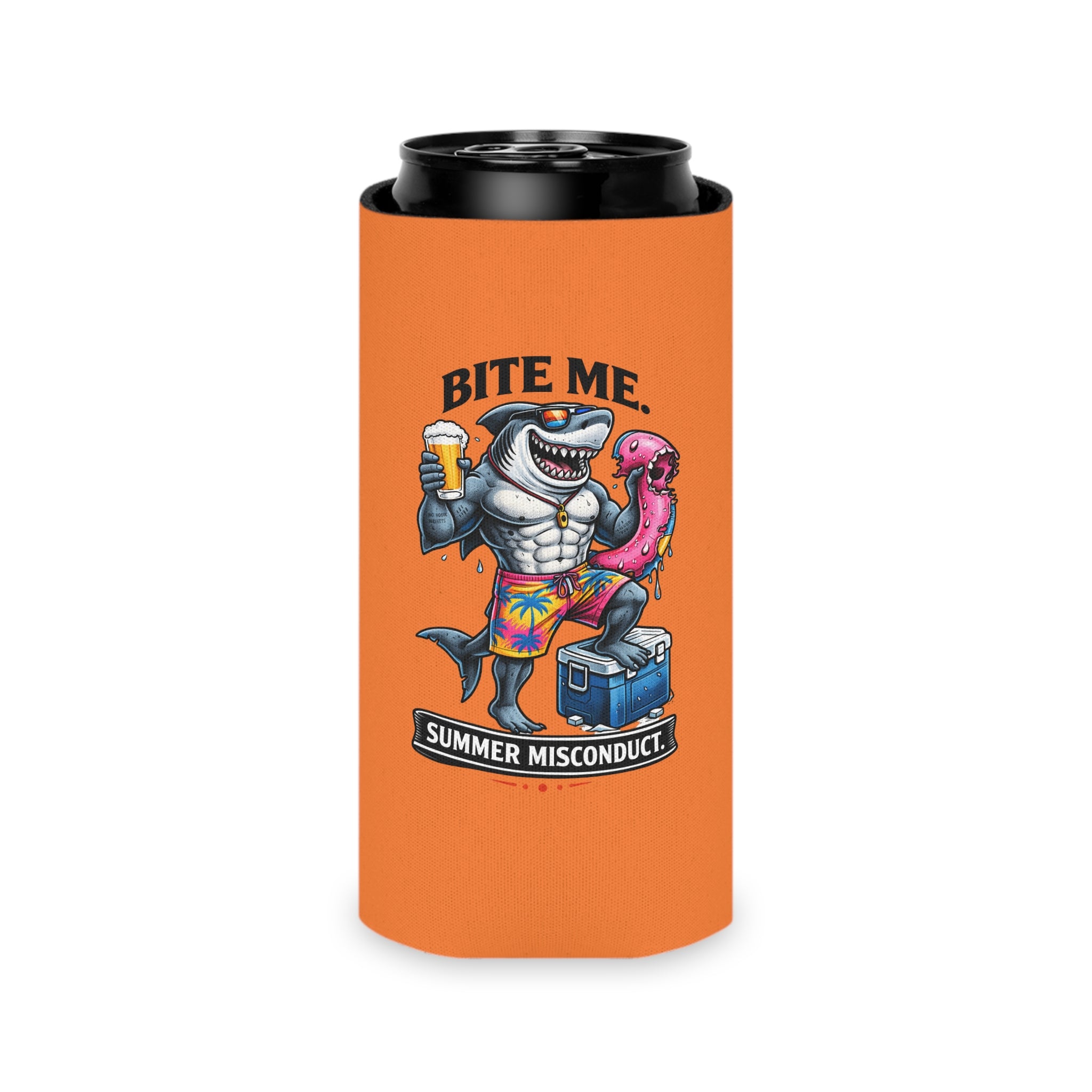 Can Cooler - 'Bite Me' Shark & 'Stay Cold' Retro Beer Koozie (Summer Misconduct)