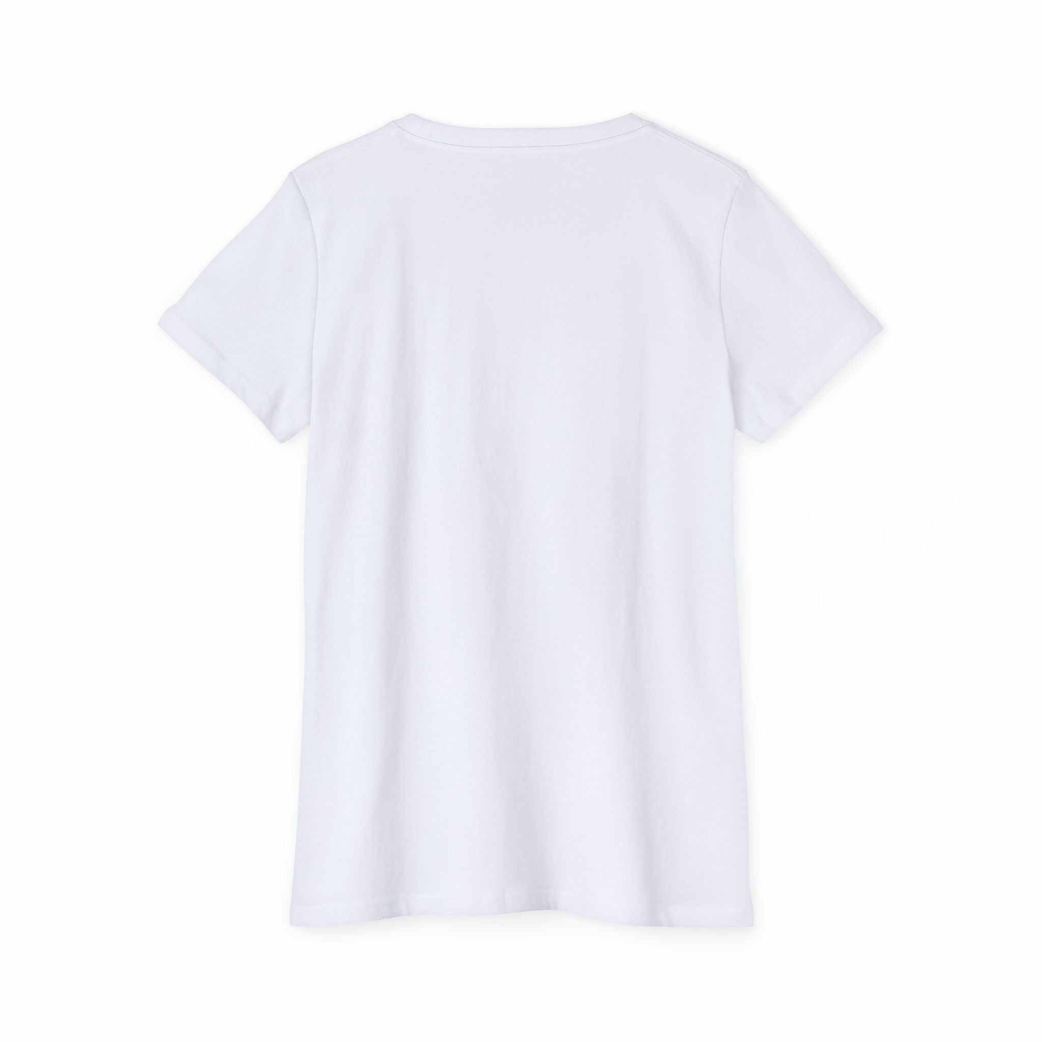 White women's organic t-shirt back view, short sleeve, soft cotton fabric, casual style, eco-friendly clothing