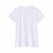 White women's organic t-shirt back view, short sleeve, soft cotton fabric, casual style, eco-friendly clothing