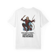 Unisex white Revenge T-shirt with Jason Voorhees and Spider-Man graphic and brutal revenge quote