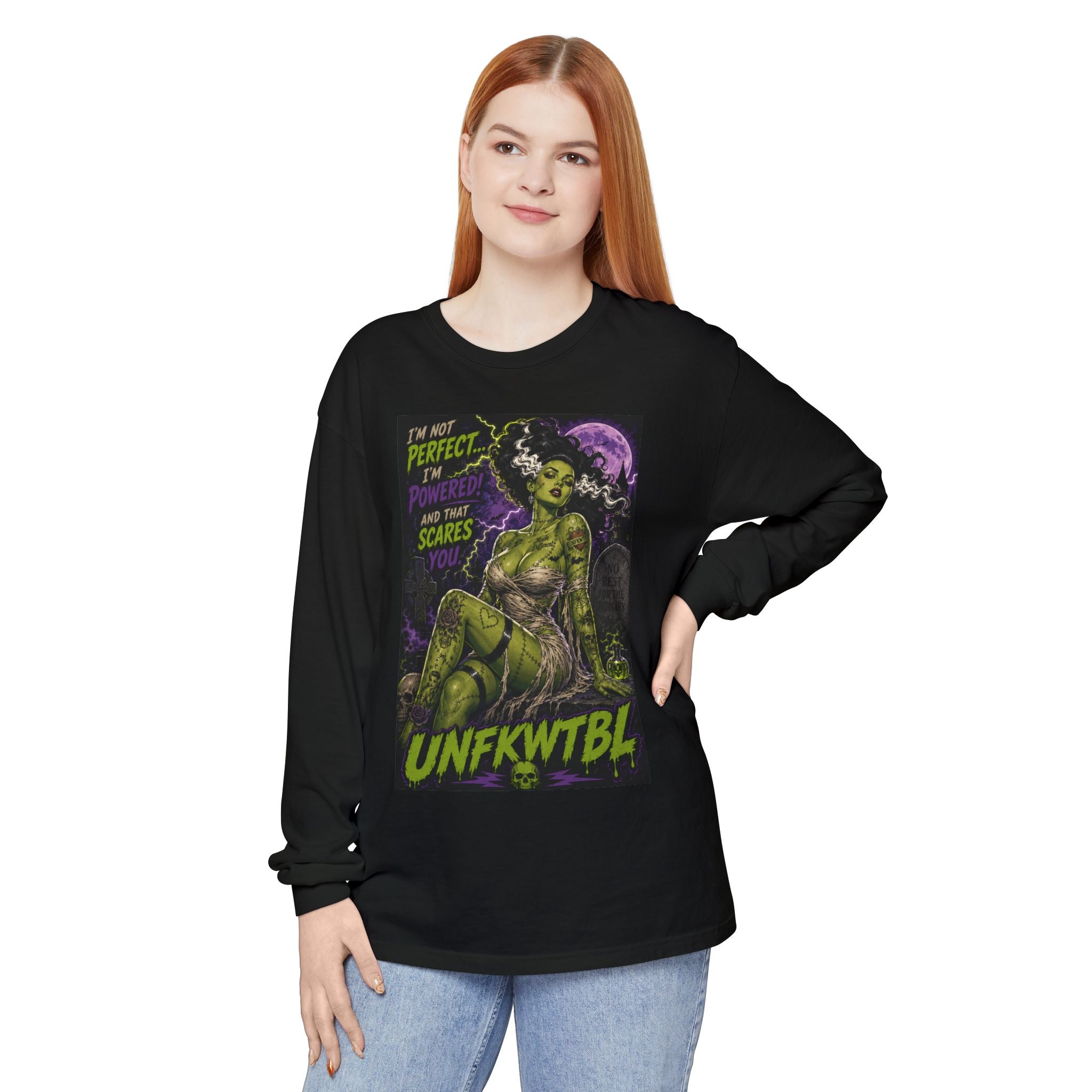Monster Pin-Up Long Sleeve Tee — “I’m Not Perfect, I’m Powerful (UNFKWTBL)”